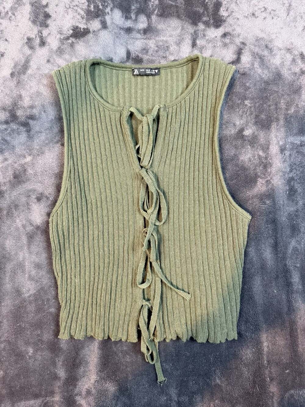 Women’s Zara Ribbed Tie Front Knit Top Size S Green Sleeveless Crop # 89